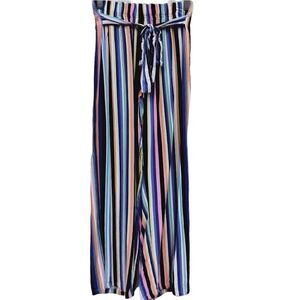 Helium London Wide Leg Pants Size S Vertical Stripes Purple Pink Black Front Tie